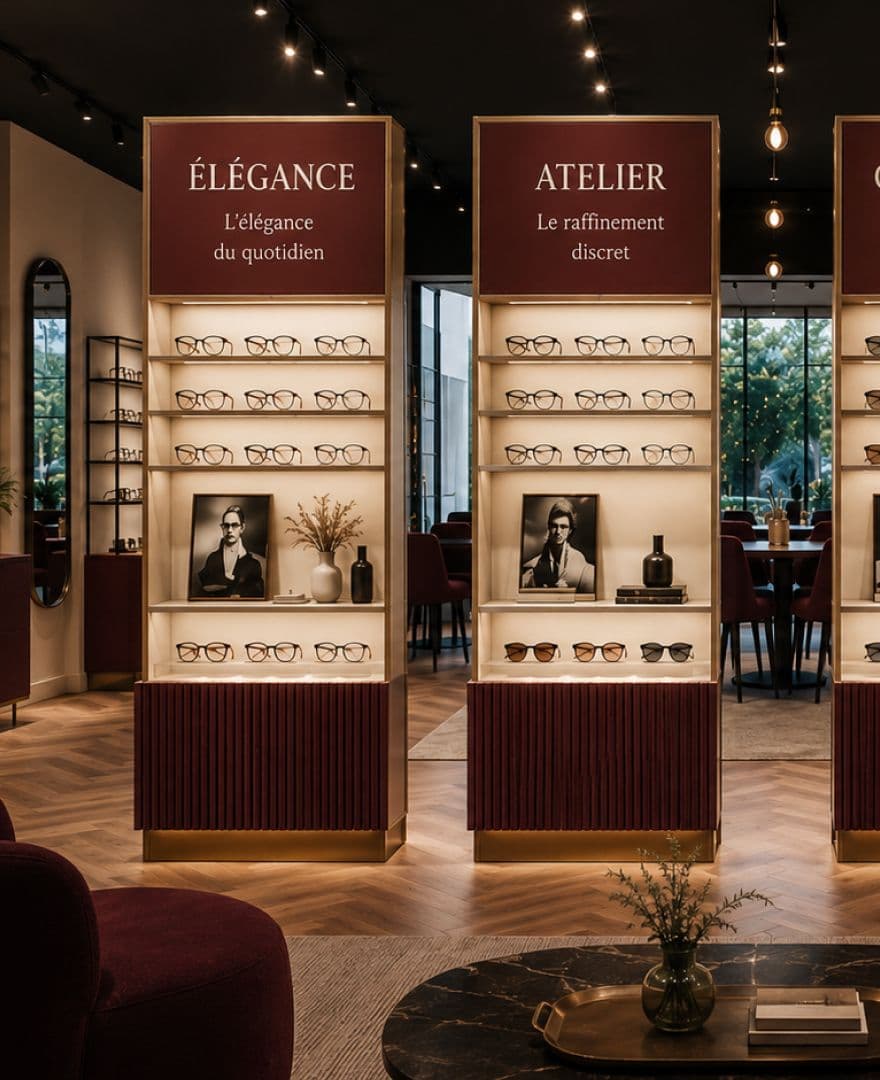 Présentoir lunettes dans magasin élégant