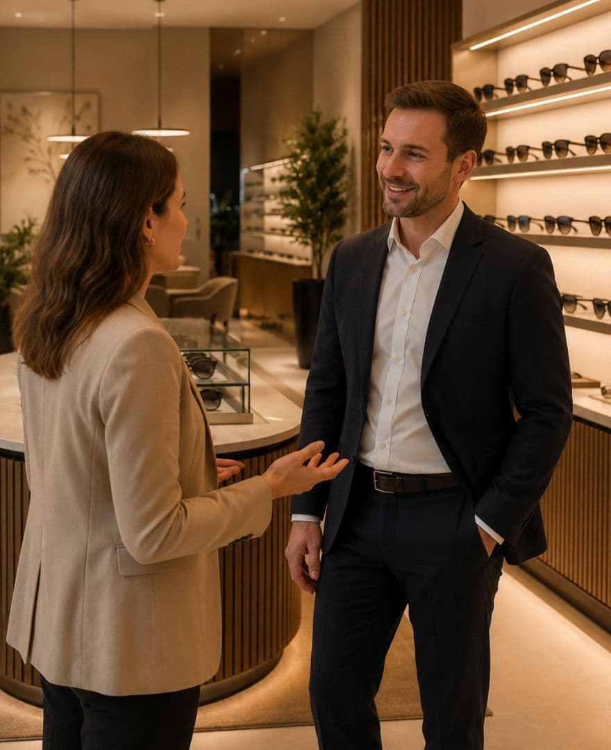 Homme d’affaires discutant avec une femme dans un magasin de lunettes